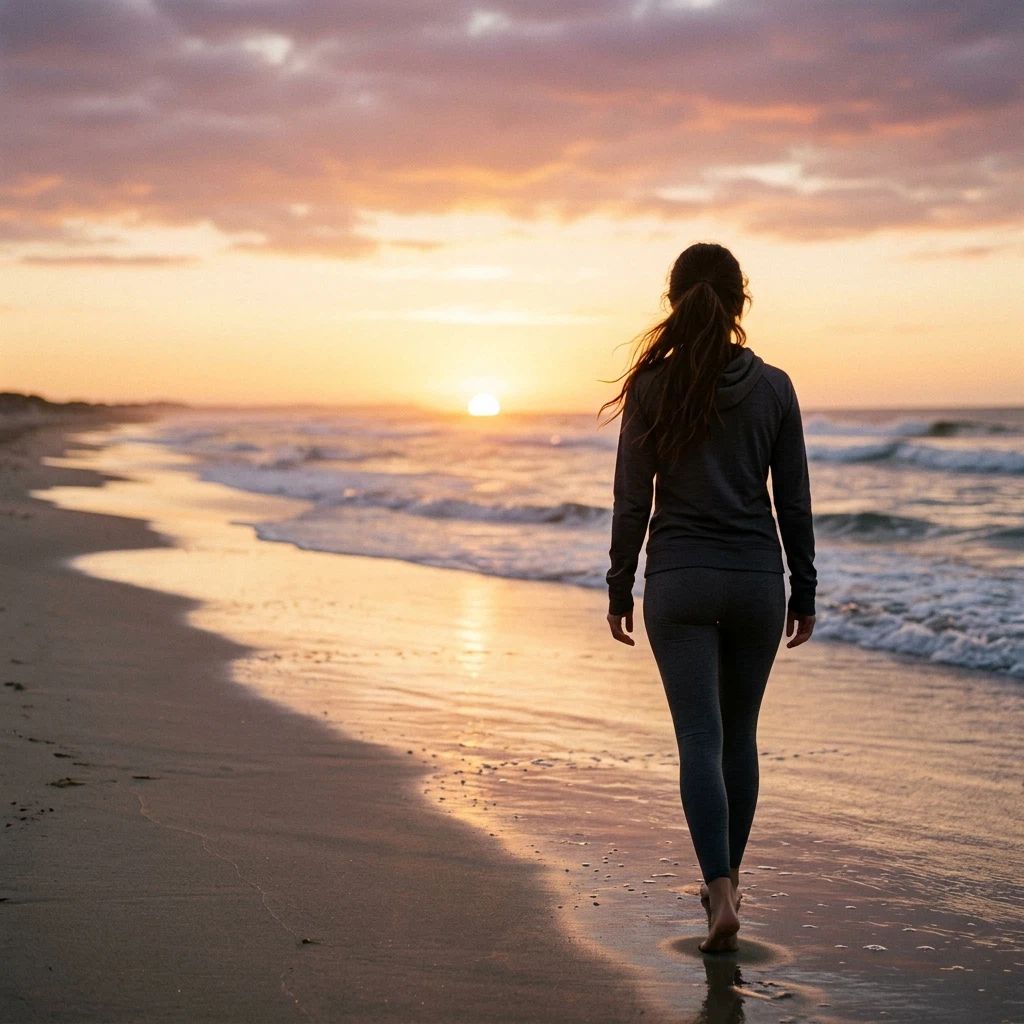Silhouette of anonymous person walking on beach at sunrise from behind
